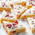 Homemade Cranberry Bliss Bars topped with white chocolate and cream cheese frosting.