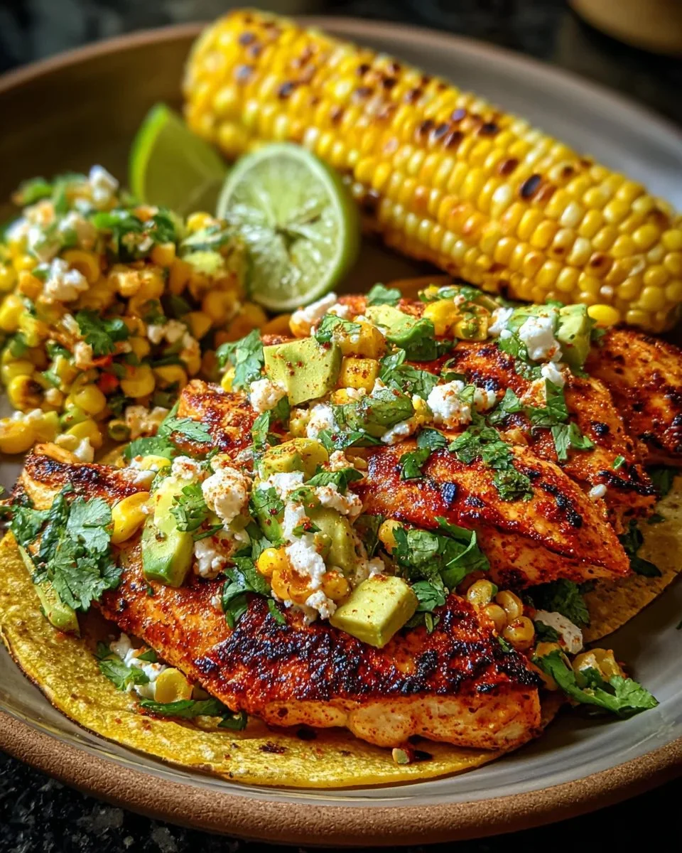 Delicious street corn chicken dish with vibrant toppings and flavors