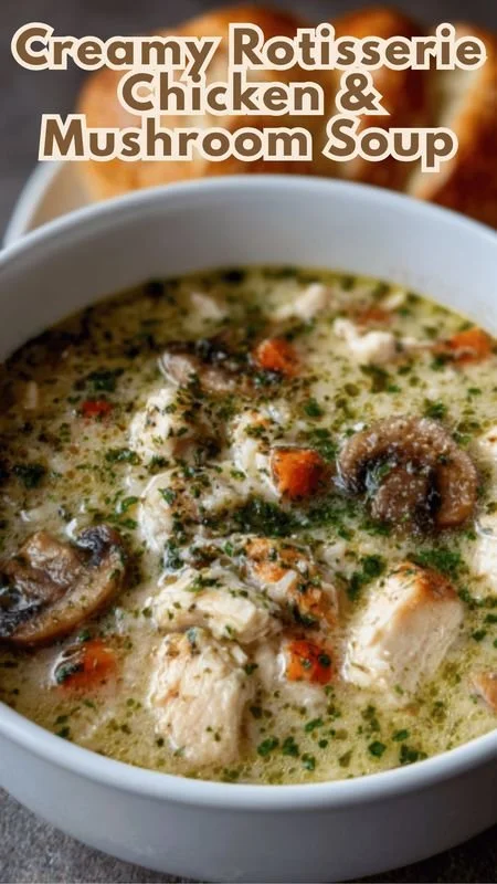 Creamy chicken and mushroom soup served in a bowl