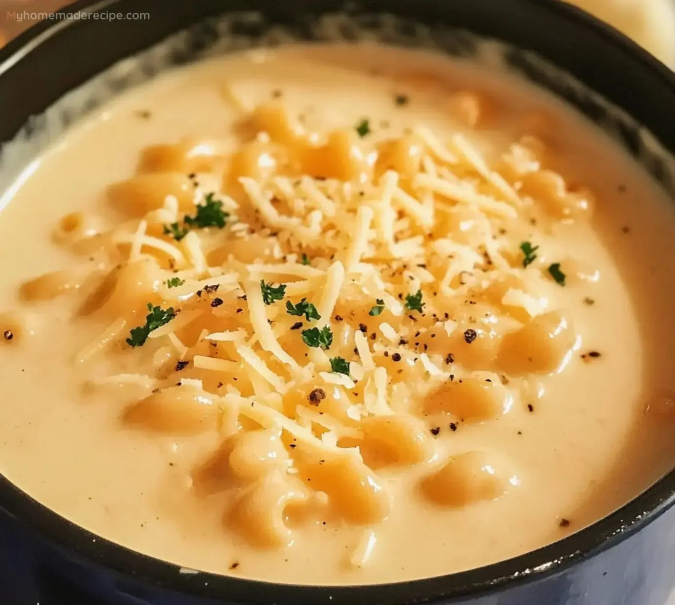 Creamy chicken macaroni dish served in a bowl with fresh parsley garnish.