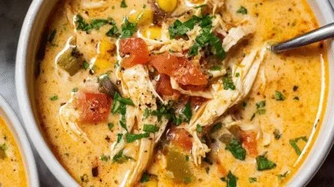 Bowl of creamy chicken taco soup garnished with cilantro and lime