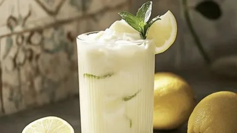 Creamy coconut milk lemonade served in a glass with tropical garnishes