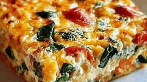 Creamy cottage cheese egg bake with vegetables and herbs in a baking dish