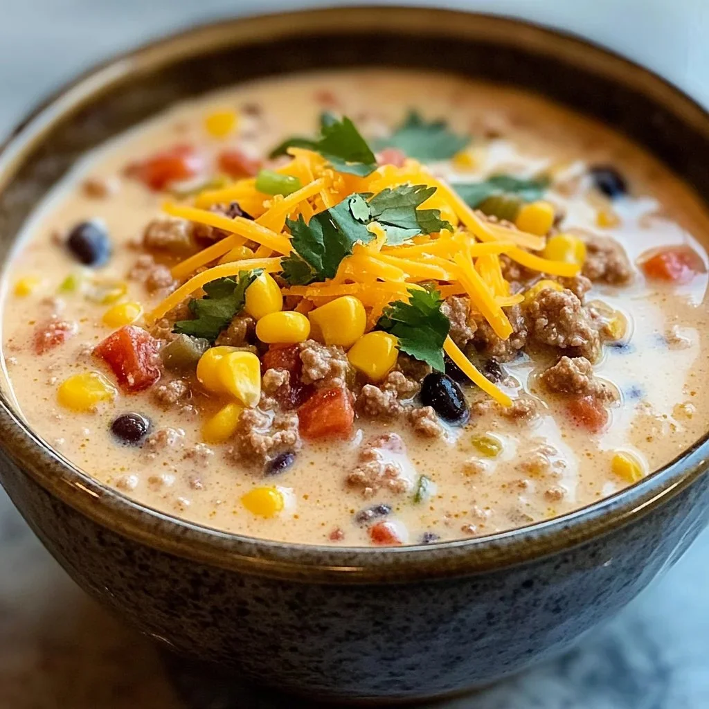 Bowl of creamy cowboy soup garnished with herbs and served with bread