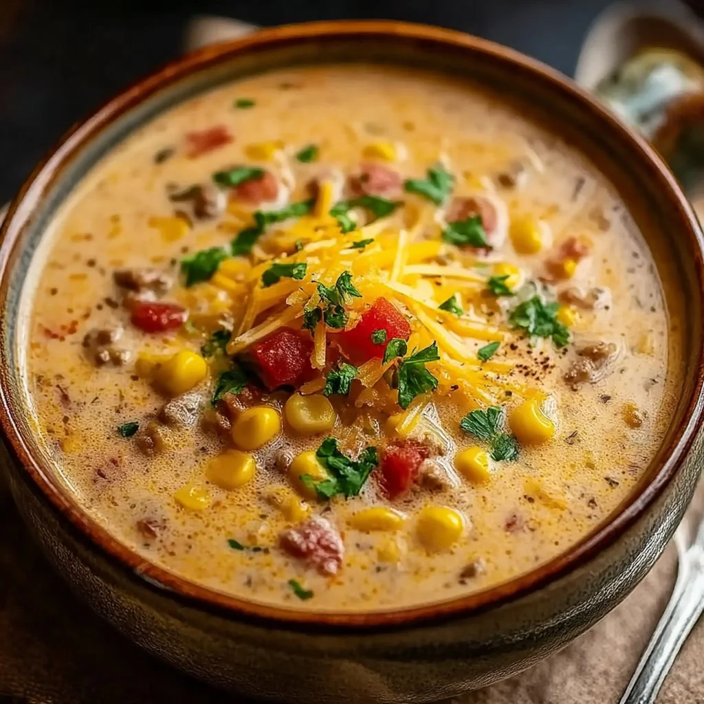 Delicious creamy cowboy soup served in a rustic bowl