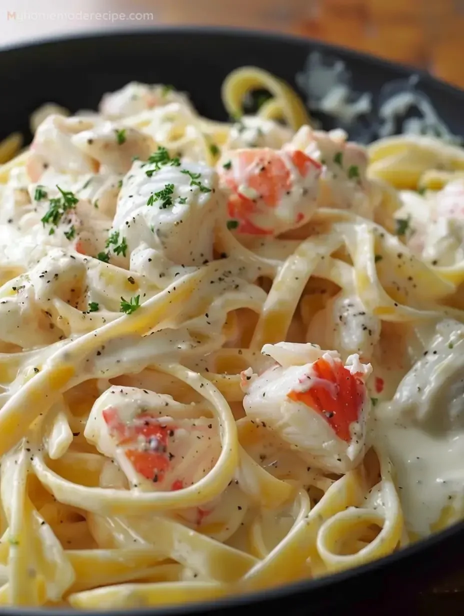 A bowl of creamy crab Alfredo pasta garnished with herbs and crab meat