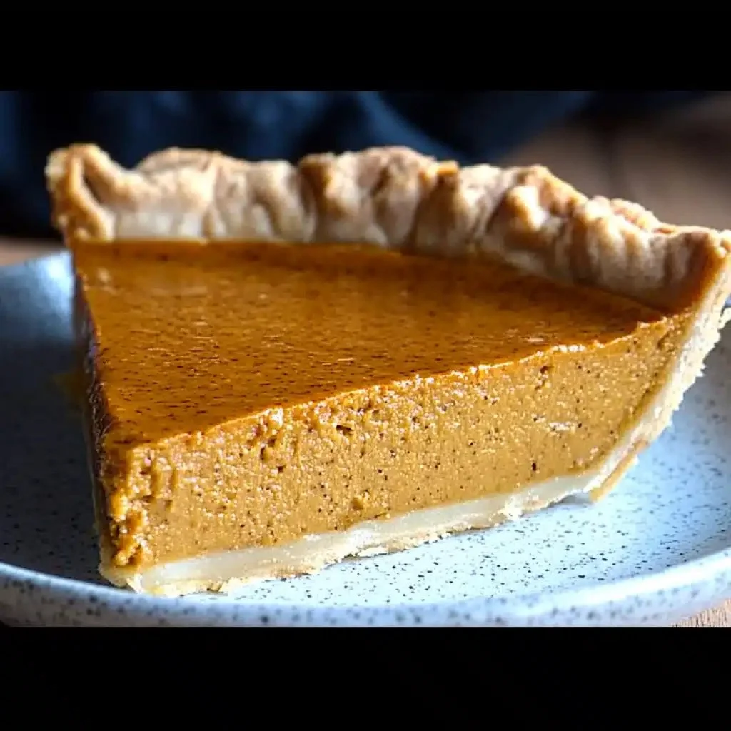 Creamy dairy-free tofu pumpkin pie served on a rustic table