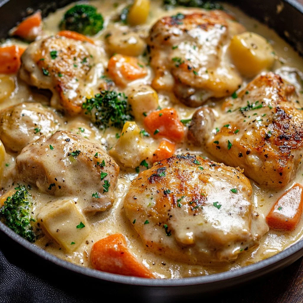Creamy Garlic Chicken with fresh vegetables served on a plate.
