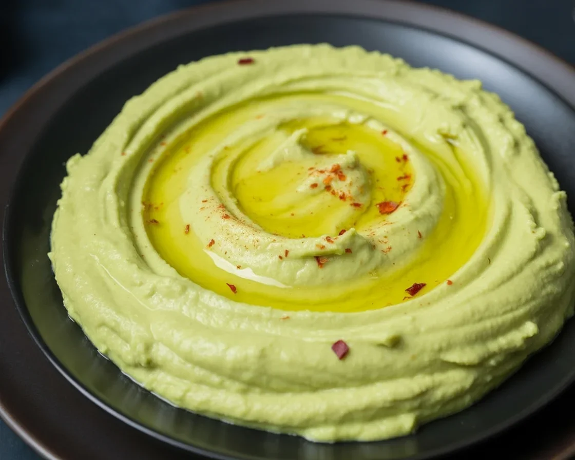 Creamy avocado hummus made with garlic, lime, and spices in a bowl.
