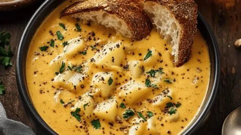 Creamy cheddar garlic herb potato soup in a bowl, garnished with herbs