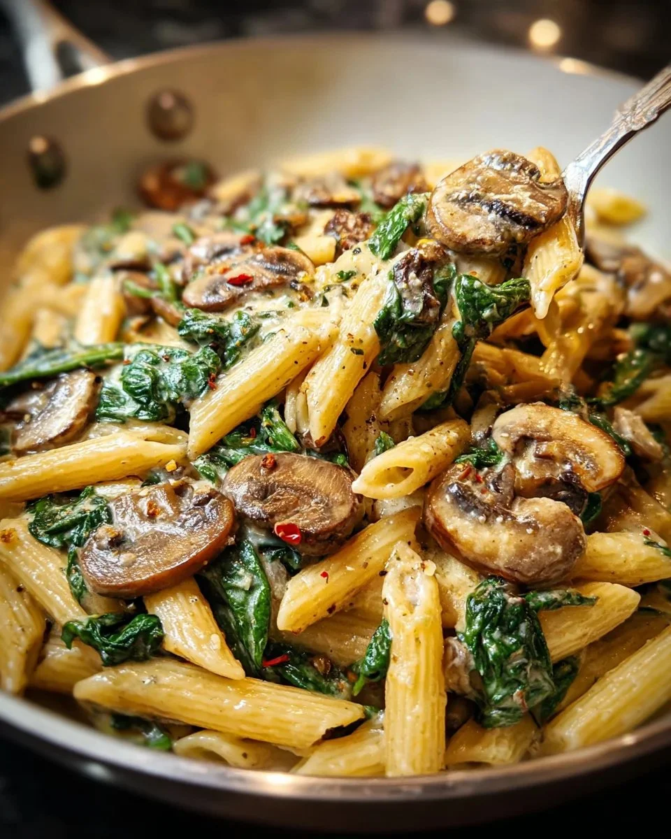 Creamy mushroom spinach pasta garnished with fresh herbs