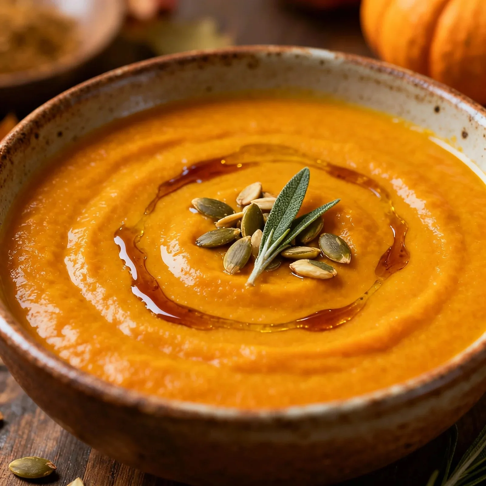 Bowl of creamy pumpkin soup garnished with gnocchi and herbs