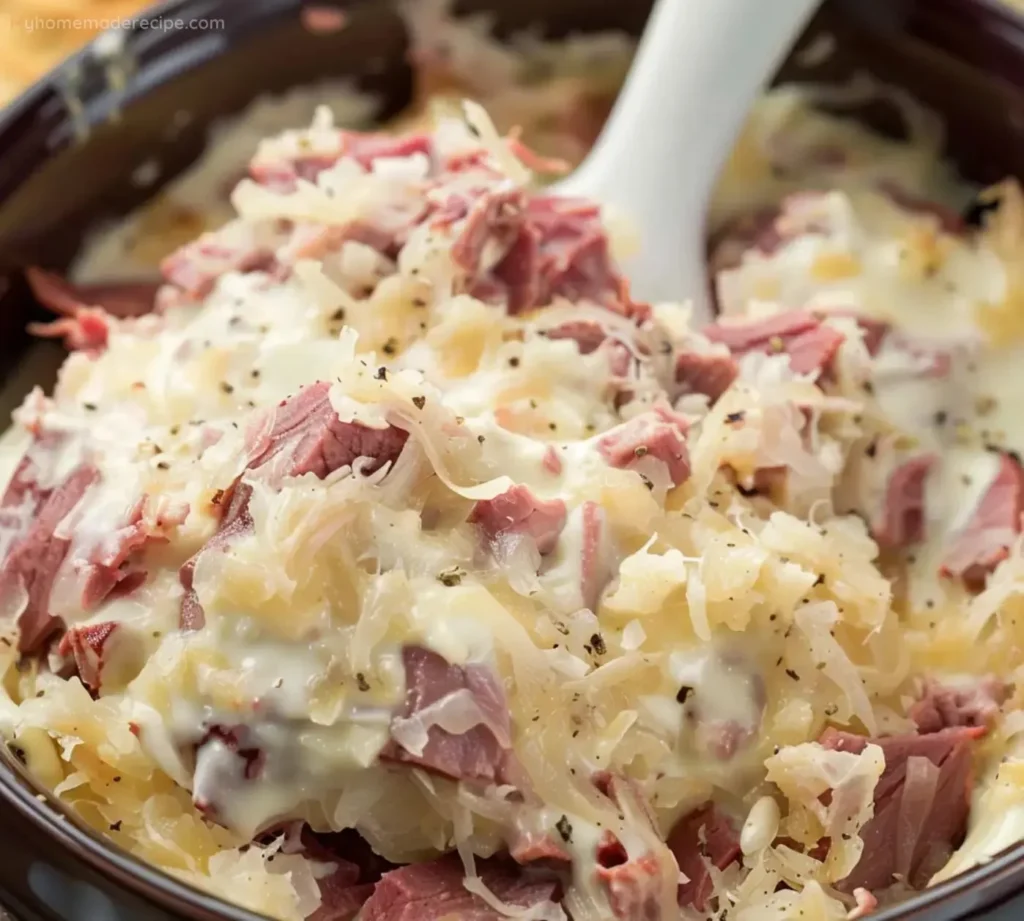 Creamy Reuben Dip served in a bowl with chips and garnished with herbs