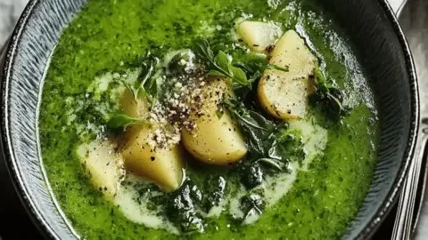 Bowl of creamy spinach potato soup garnished with herbs