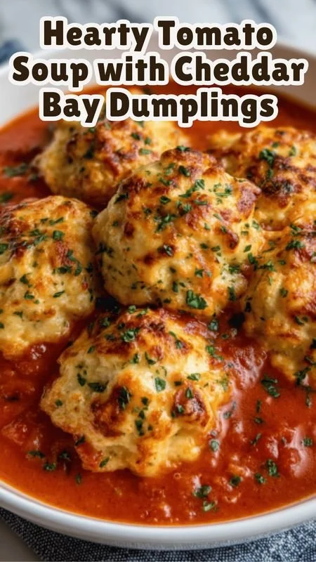 Bowl of creamy tomato soup topped with cheddar bay dumplings