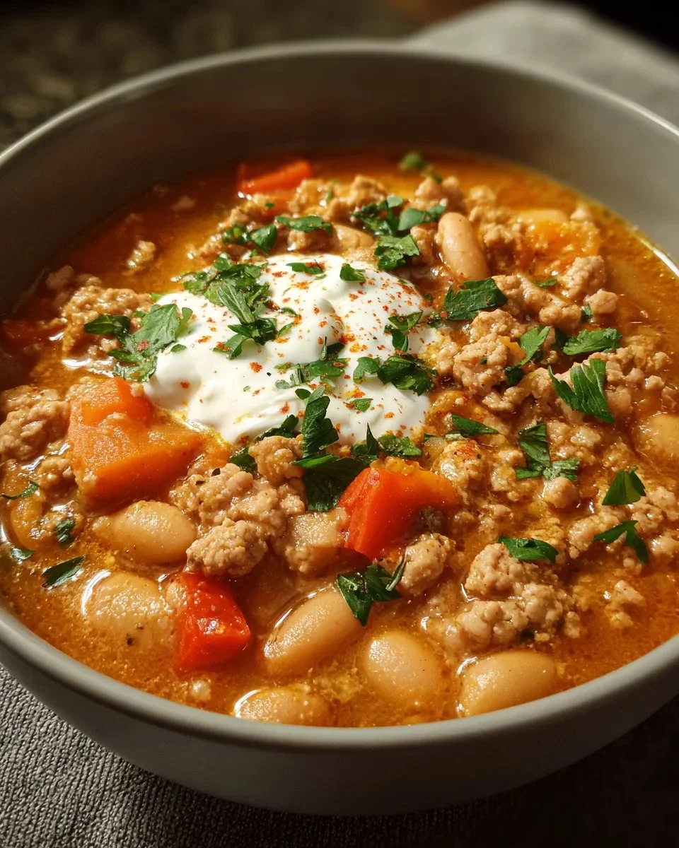 Bowl of creamy turkey pumpkin chili topped with fresh herbs