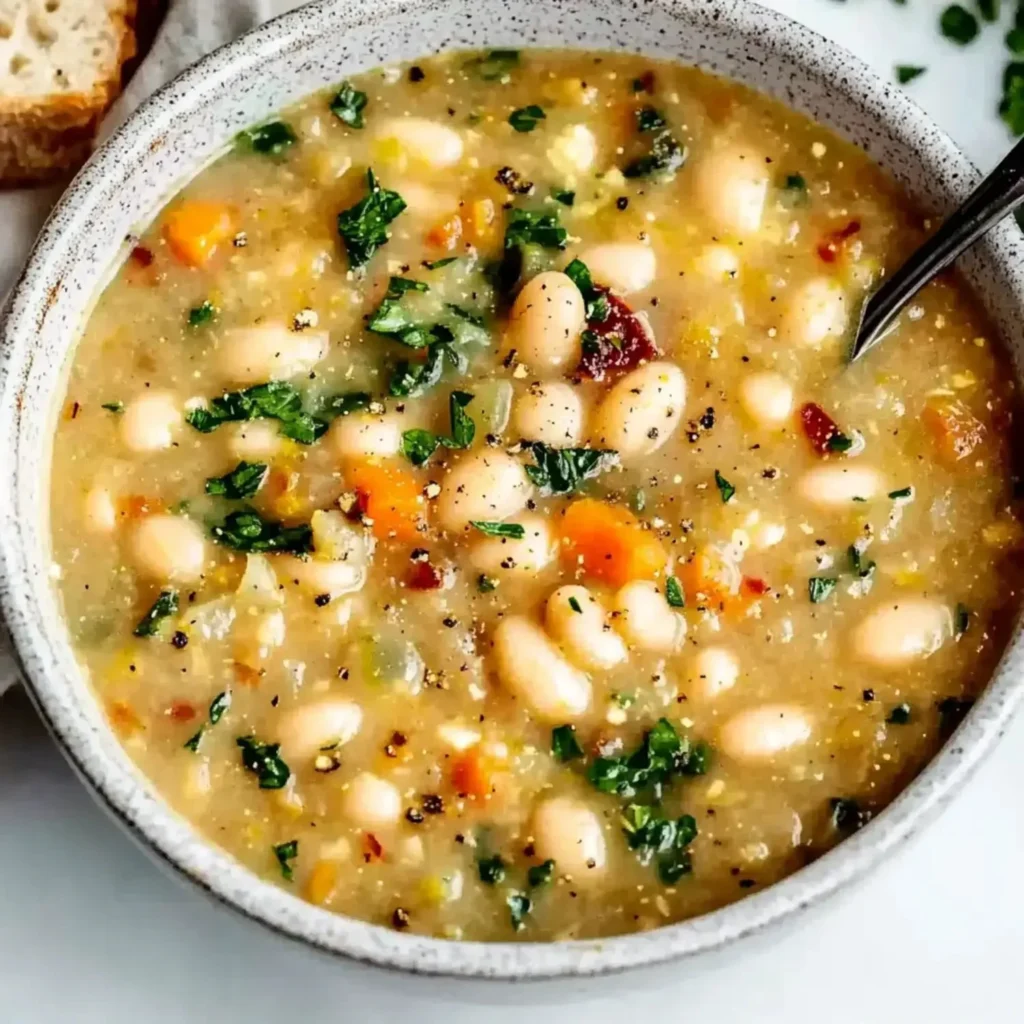 Bowl of creamy white bean soup garnished with herbs and spices.