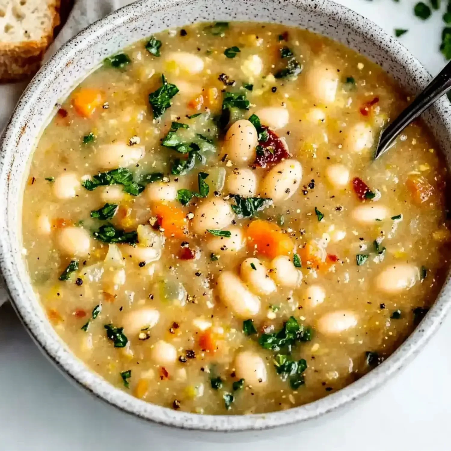 Bowl of creamy white bean soup garnished with herbs and spices.