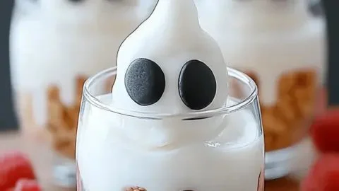 Ghostly yogurt parfaits with fruit and spooky decorations for Halloween breakfast.