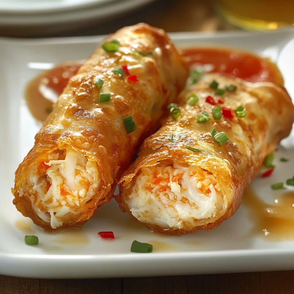 Crispy crab cake egg rolls served with dipping sauce
