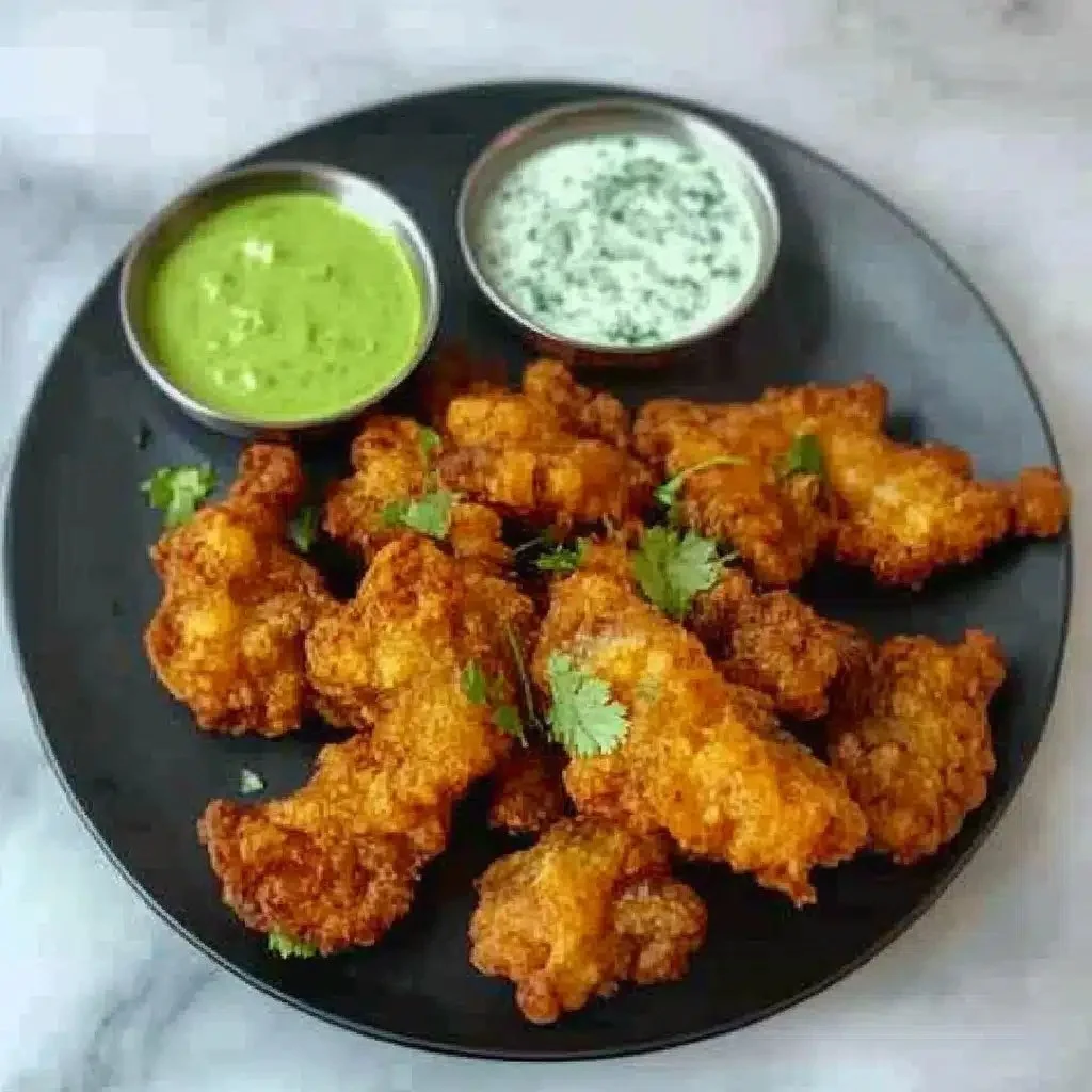Crispy fish pakora served with chutney, showcasing the Indian street food delicacy.