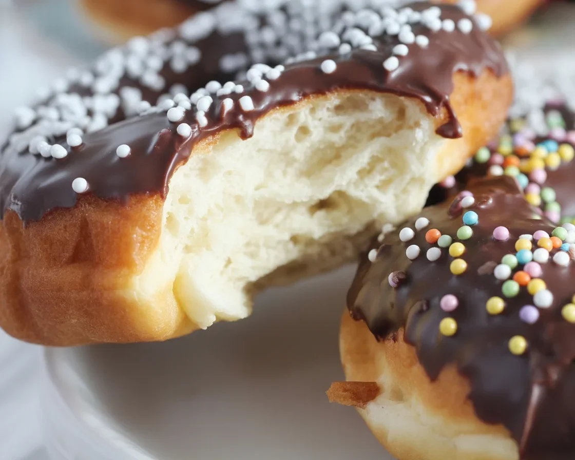 Delicious air fryer gluten-free donuts topped with chocolate glaze and cinnamon sugar.