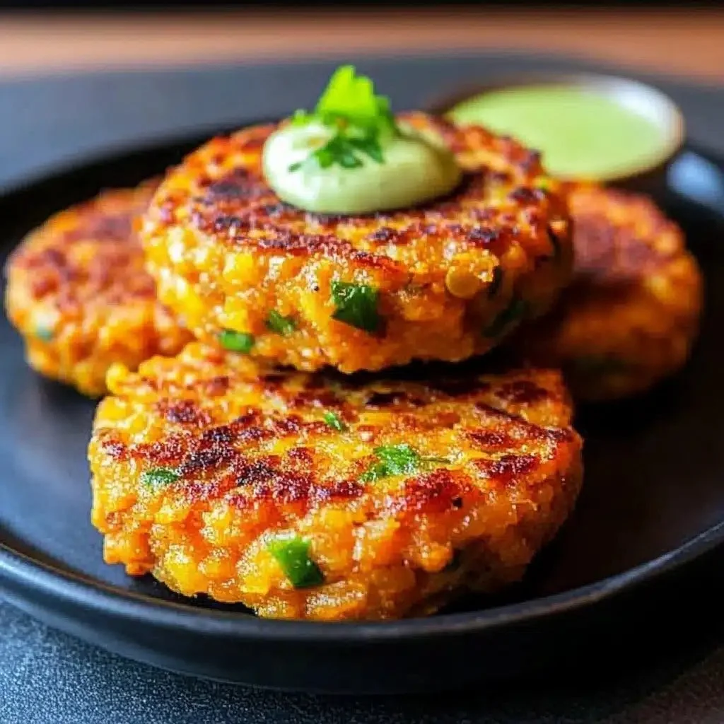 Crispy sweet potato and red lentil patties on a plate ready to be served.