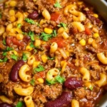 Crockpot Chili Mac served in a bowl with cheese and herbs