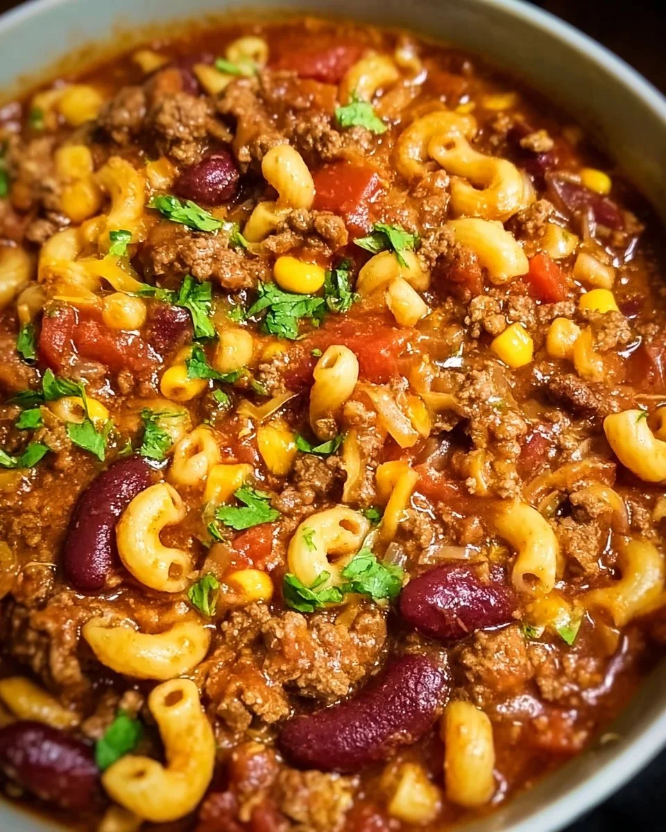 Crockpot Chili Mac served in a bowl with cheese and herbs