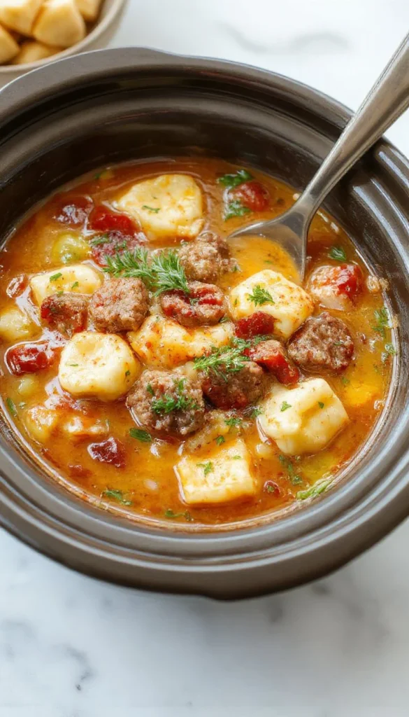 Bowl of Crockpot Tortellini Soup with Sausage garnished with herbs