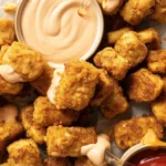 Crispy tofu bites served with dipping sauce on a rustic wooden table