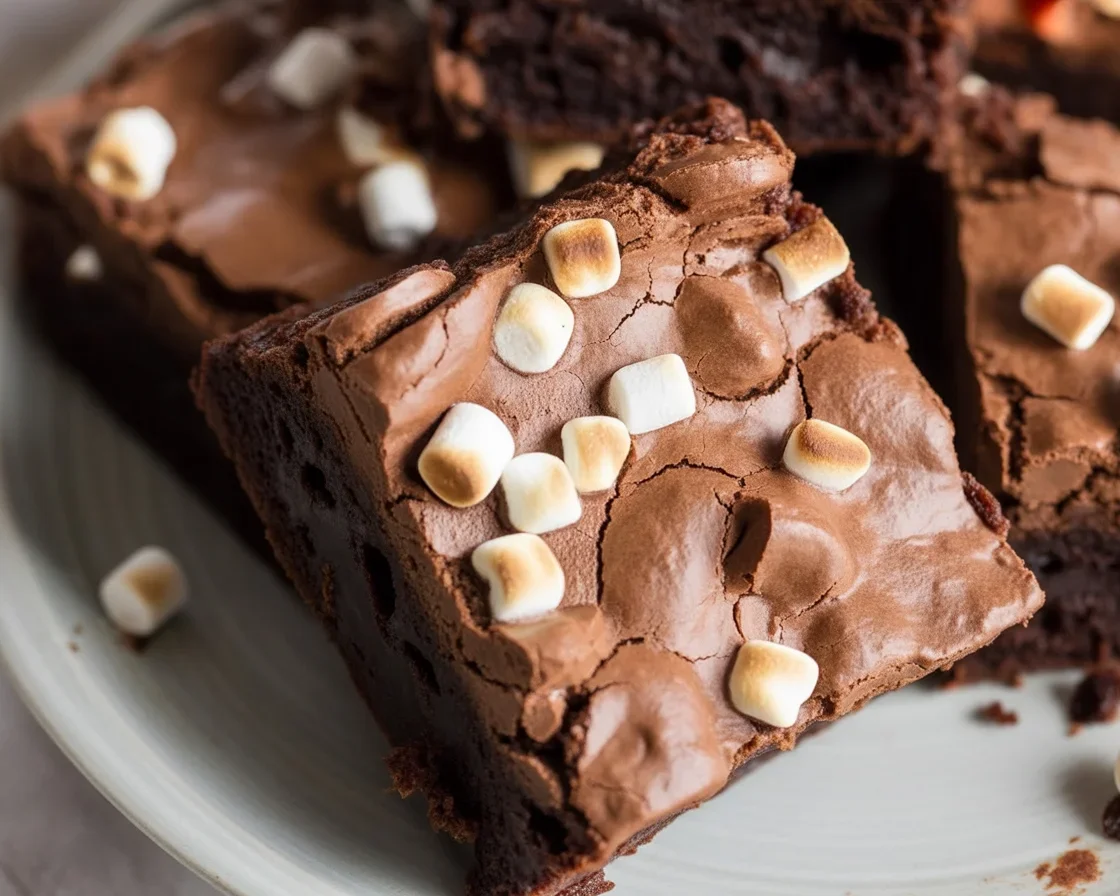 Delicious Hot Chocolate Brownies topped with marshmallows for a cozy dessert.