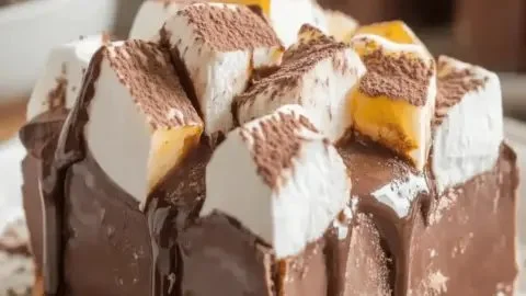 Decadent hot chocolate fudge dessert topped with whipped cream and chocolate drizzle