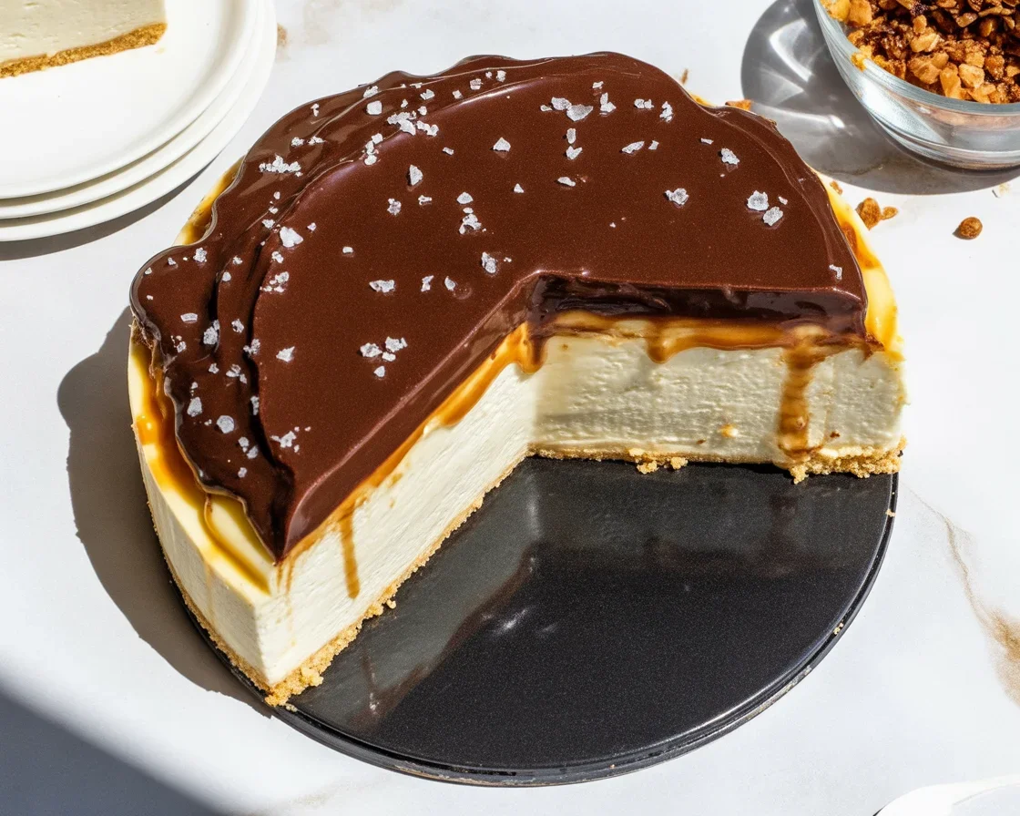 Delicious Millionaire's Cheesecake with shortbread crust and chocolate ganache.