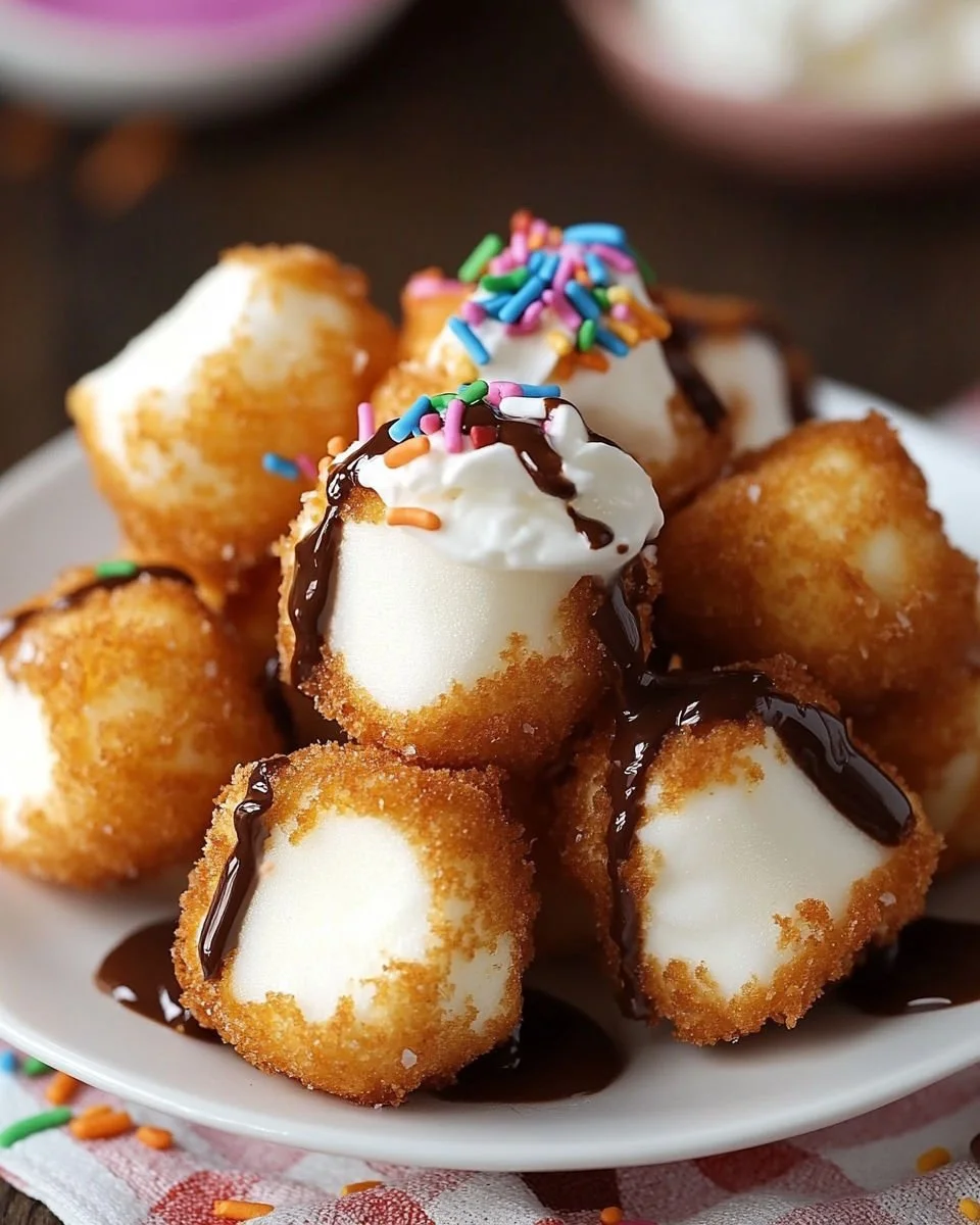 Delicious deep fried marshmallows served with a sprinkle of powdered sugar.