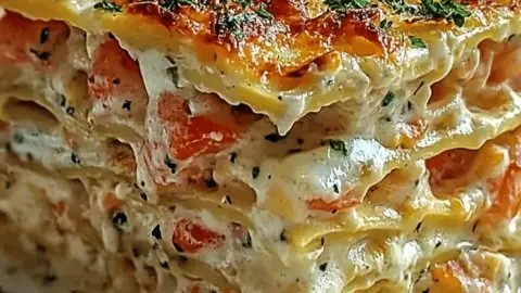 Delicious seafood lasagna with shrimp and crab layers served in a creamy sauce