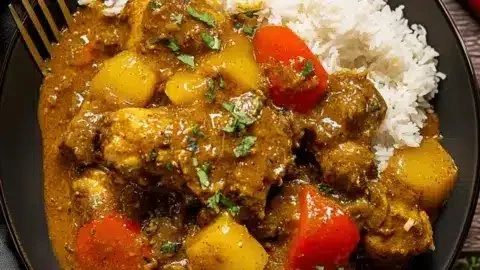 Delicious Jamaican Curry Chicken served on a plate with spices and herbs
