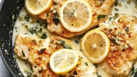 Creamy lemon chicken piccata served with fresh parsley and lemon slices