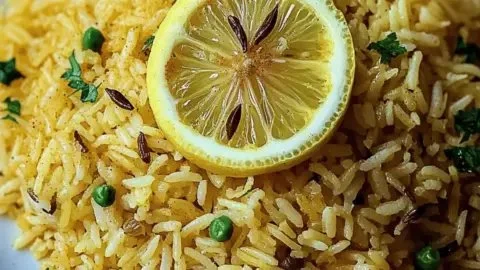 Bowl of fragrant Mediterranean lemon rice garnished with herbs and lemon slices