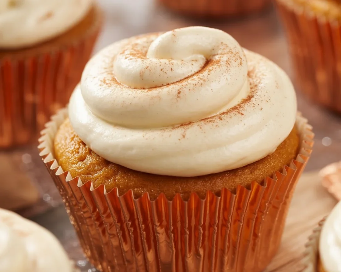 Delicious Pumpkin Spice Cupcakes topped with cream cheese frosting, perfect fall treat.