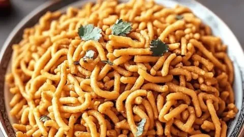 A bowl of delicious spiced sev snacks with crunchy texture and vibrant spices.