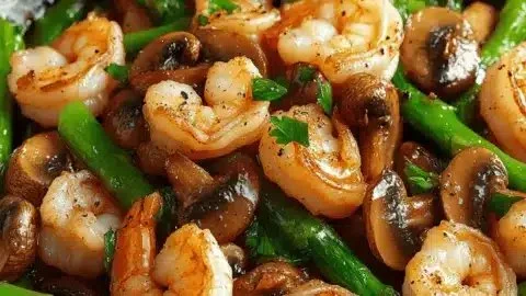 Stir-fried shrimp with asparagus and mushrooms in a vibrant skillet