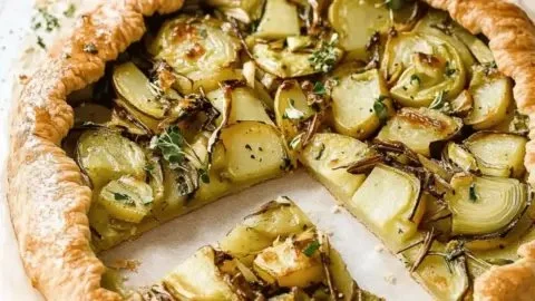 Deliciously creamy leek and potato galette served on a wooden table