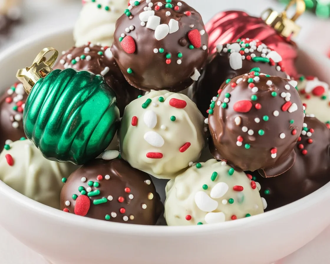 Delicious Christmas Oreo Cheesecake Truffles made with crushed Oreos and cream cheese.