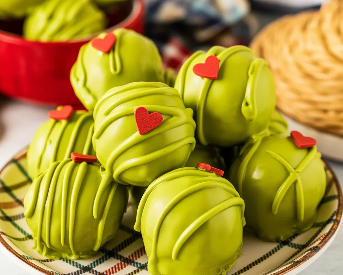 Delicious Grinch Oreo Balls decorated with green candy coating and red sprinkles.