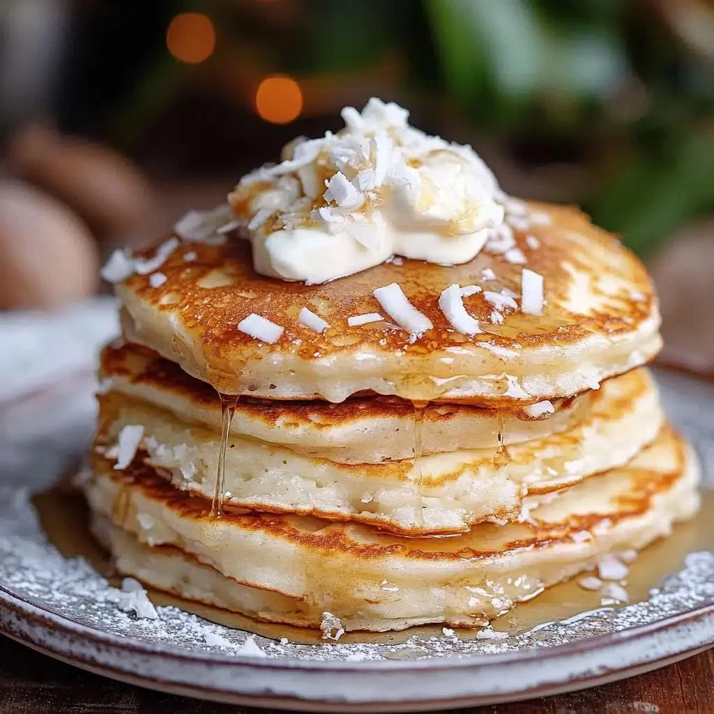 Delicious coconut cream pancakes topped with tropical fruit and syrup