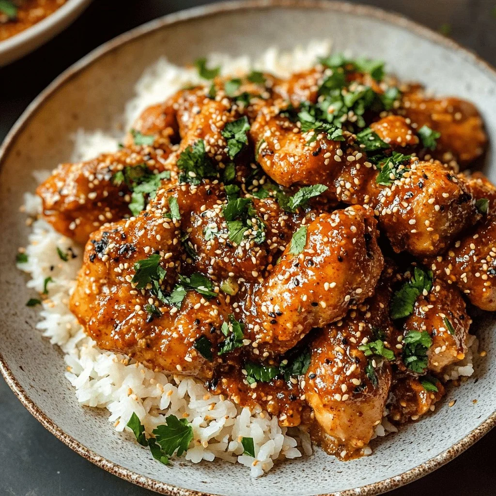 Baked spicy sesame butter chicken garnished with sesame seeds and herbs