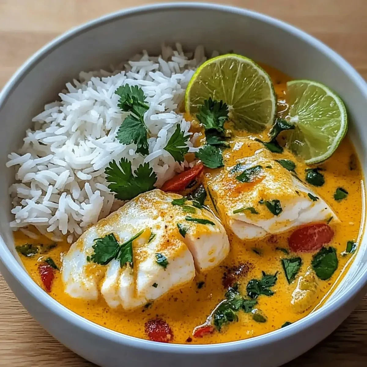 Delicious coconut lime fish curry served with jasmine rice