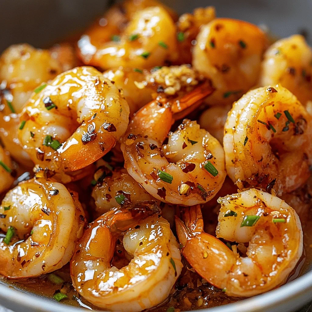 Delicious easy honey garlic shrimp dish served with vegetables.