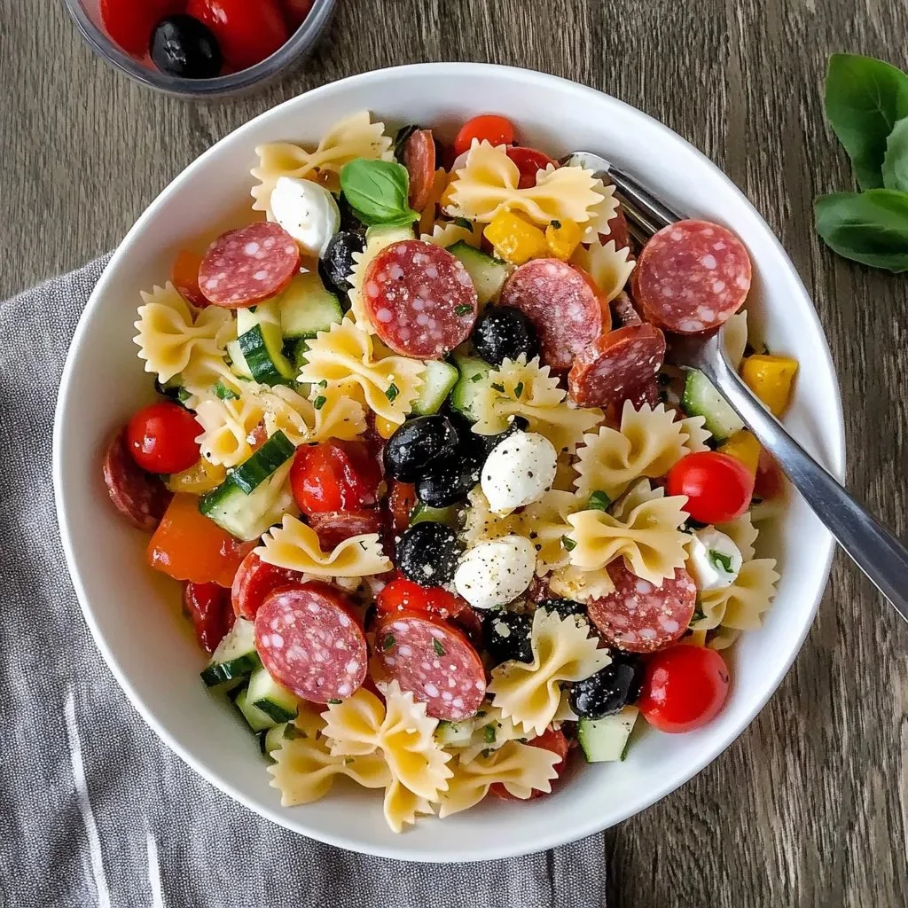 Easy Italian bow tie pasta salad with fresh vegetables and dressing